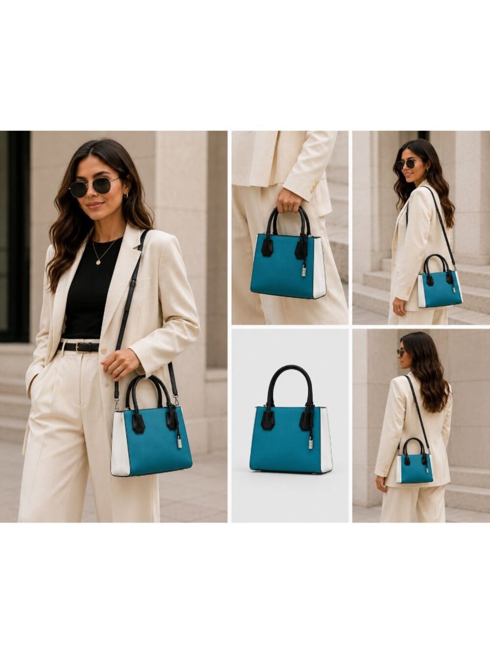 Michael Kors Mercer Small Pebbled Leather Satchel Crossbody Bag Teal White NWT - Picture 5 of 6
